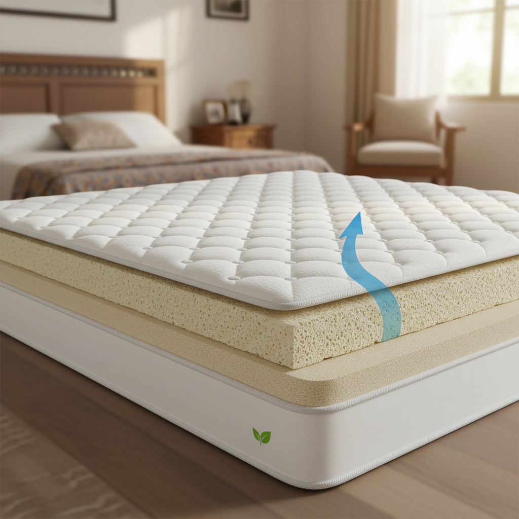 Cross-section of an organic latex mattress showing its breathable open-cell structure with ventilation holes to help in hot weather in India.