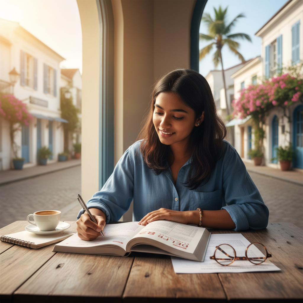 A student smiling while taking a DELF exam preparation course in Puducherry, with French architecture in the background.