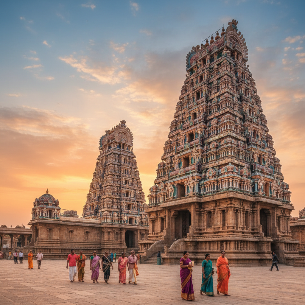 Vibrant gopurams of Meenakshi Amman Temple, a key stop on a Madurai temple tour near me.