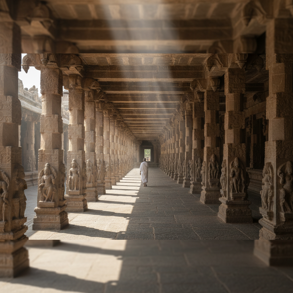 The famous thousand-pillar corridor of Ramanathaswamy Temple in Rameshwaram.