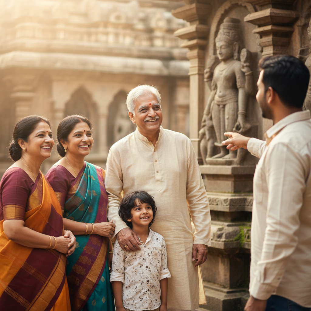 A happy family enjoying their customized South India temple tour.