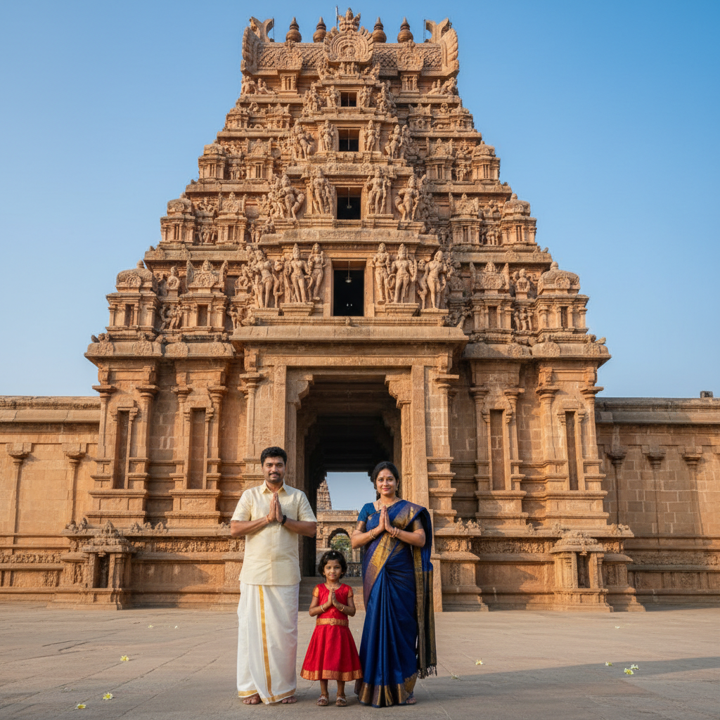 A serene pilgrim family standing before the grand entrance of a South Indian temple.
