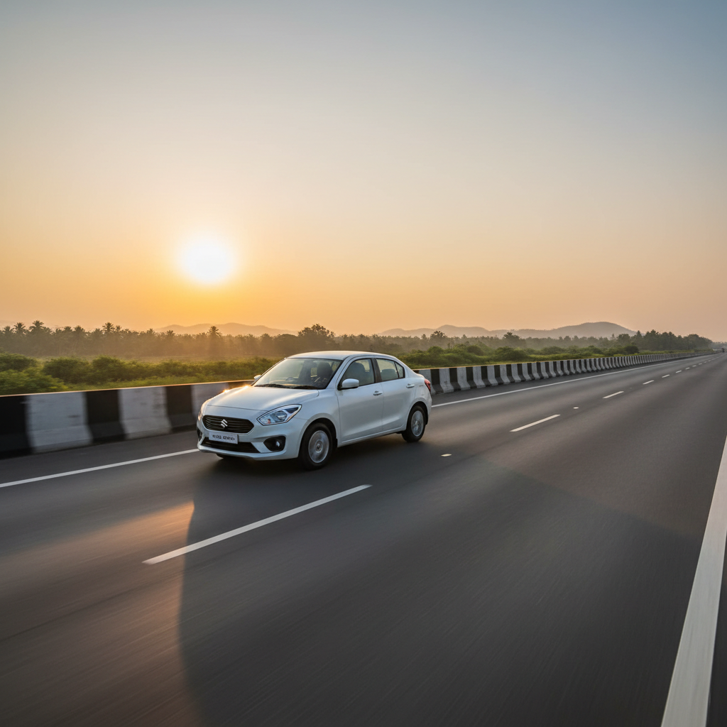 A comfortable sedan car on the highway for a Chennai to Srikalahasti one day trip.