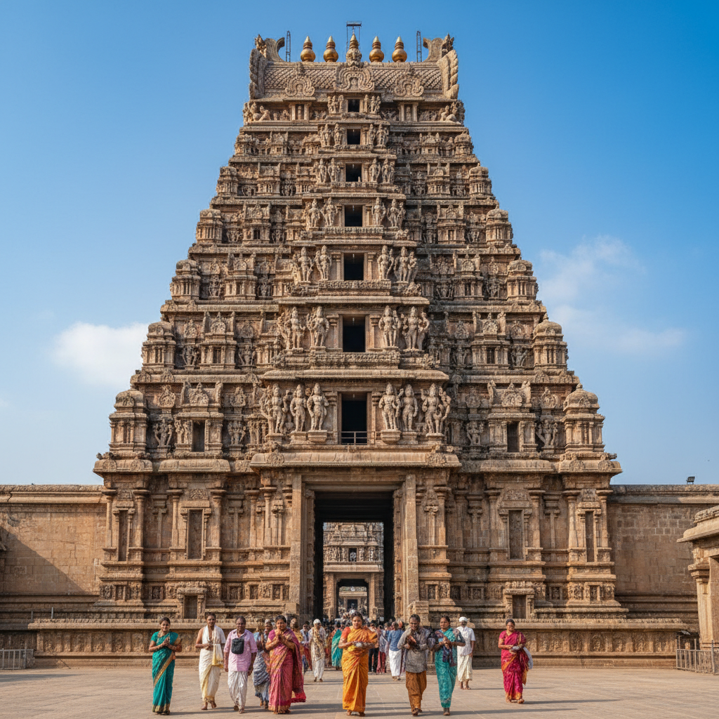 The main gopuram of the Srikalahasti temple against a clear blue sky.