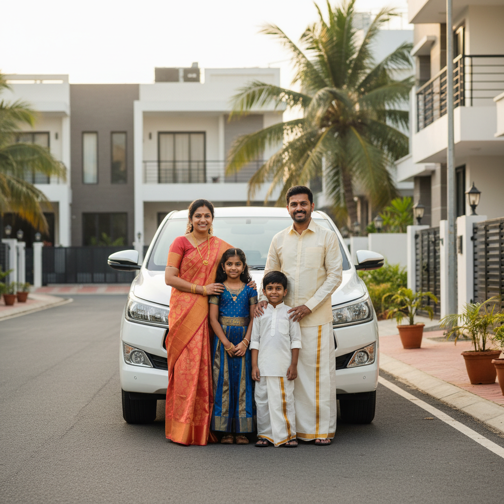 A family happily posing next to an Innova Crysta before their trip to Srikalahasti.