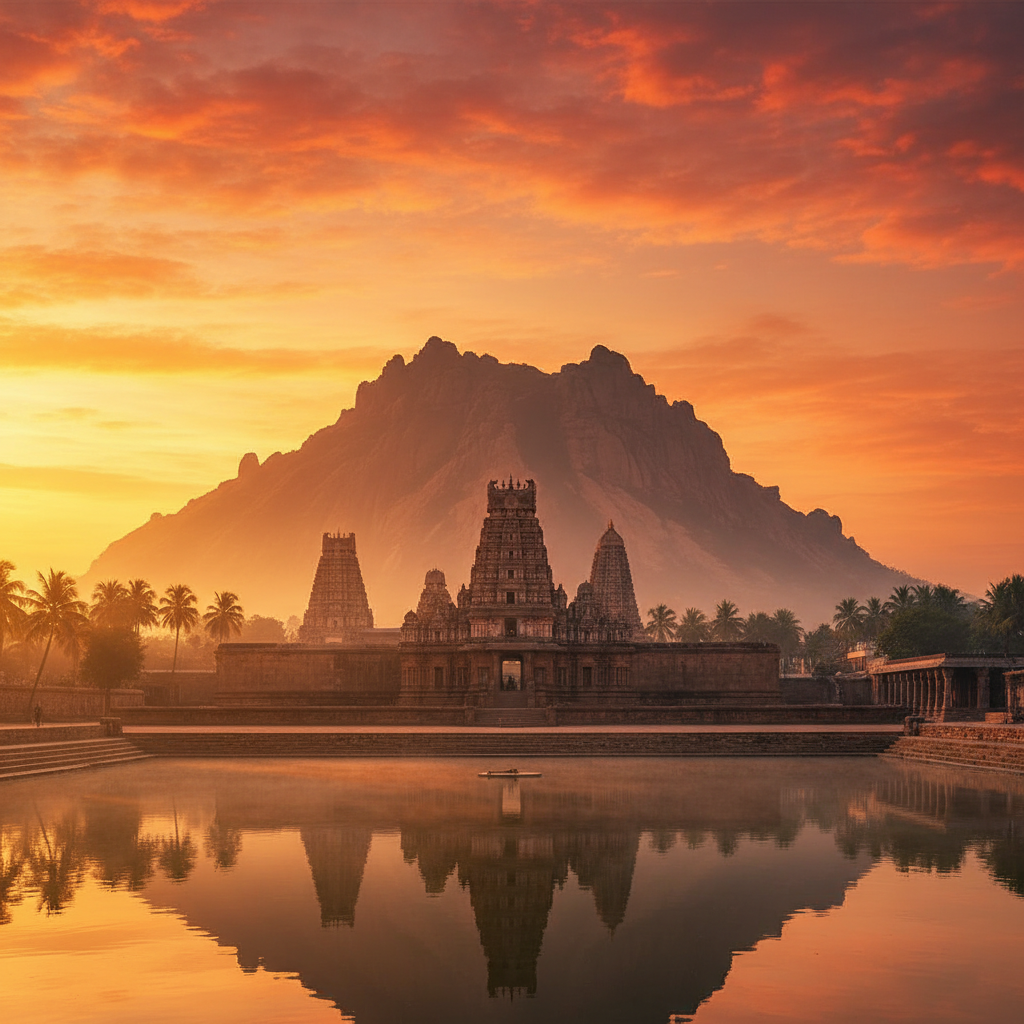The Arunachaleswarar Temple in Tiruvannamalai with the holy Annamalai hill in the background, representing the Fire element.