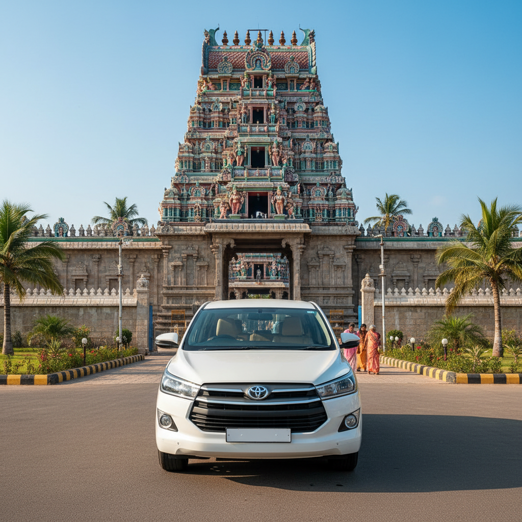 A comfortable tour vehicle parked in front of a South Indian temple, ready for the Pancha Bhoota Sthalam pilgrimage tour.
