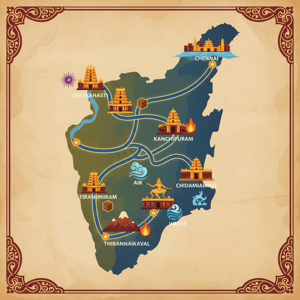 A map showing the route for a Pancha Bhoota Sthalam tour package from Chennai.