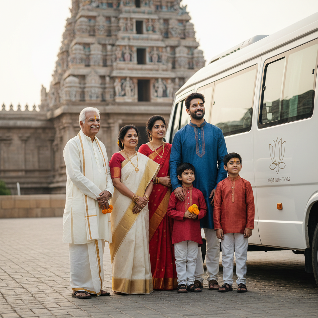 A family happily embarking on a Pancha Bhoota Darshan from Chennai with a comfortable tour vehicle.