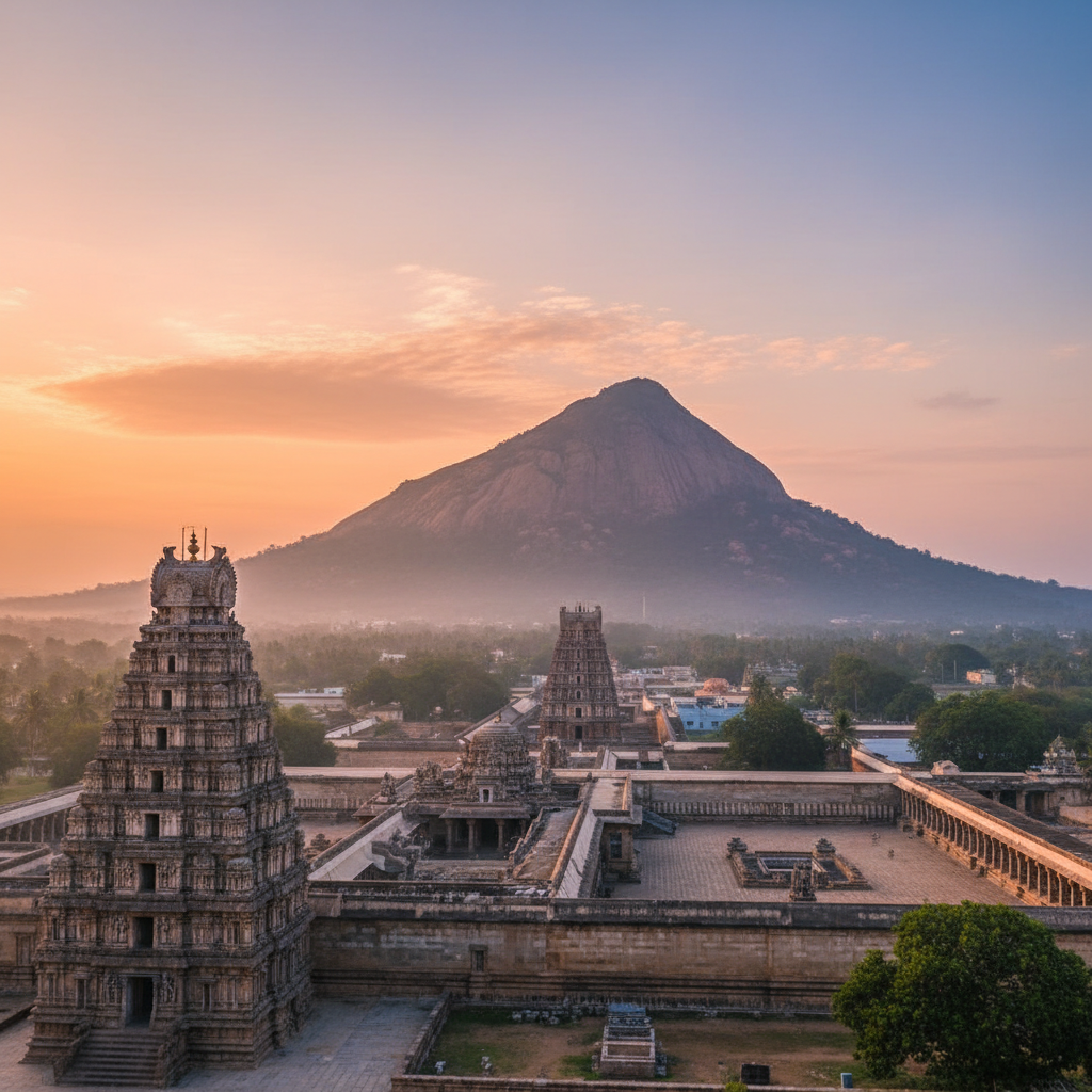 A serene view of Arunachala Hill at sunrise, a key part of a Thiruvannamalai trip.