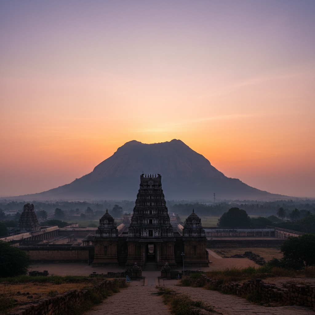 A serene view of Arunachala Hill at sunrise, a key part of any Thiruvannamalai trip.