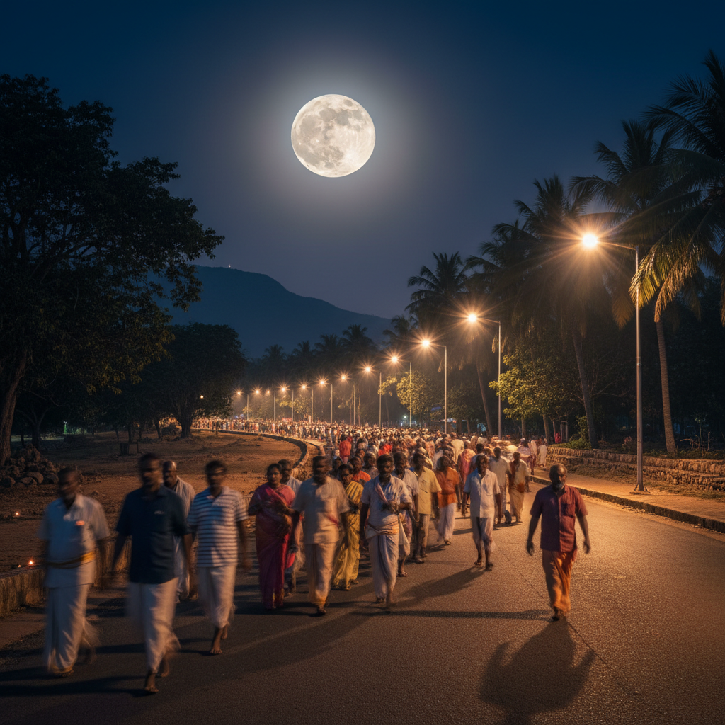 Pilgrims walking the sacred Girivalam path during a full moon night in Thiruvannamalai.