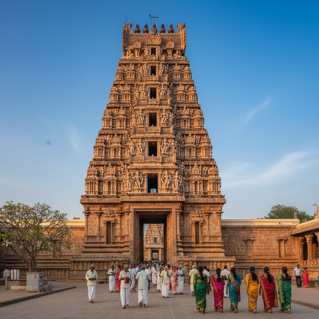 The majestic main gopuram (tower) of the Thirunallar temple against a blue sky.