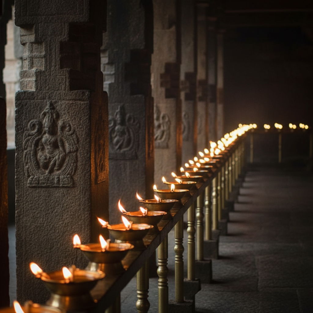Rows of glowing sesame oil lamps inside the Thirunallar temple, symbolizing offerings to Lord Shani.