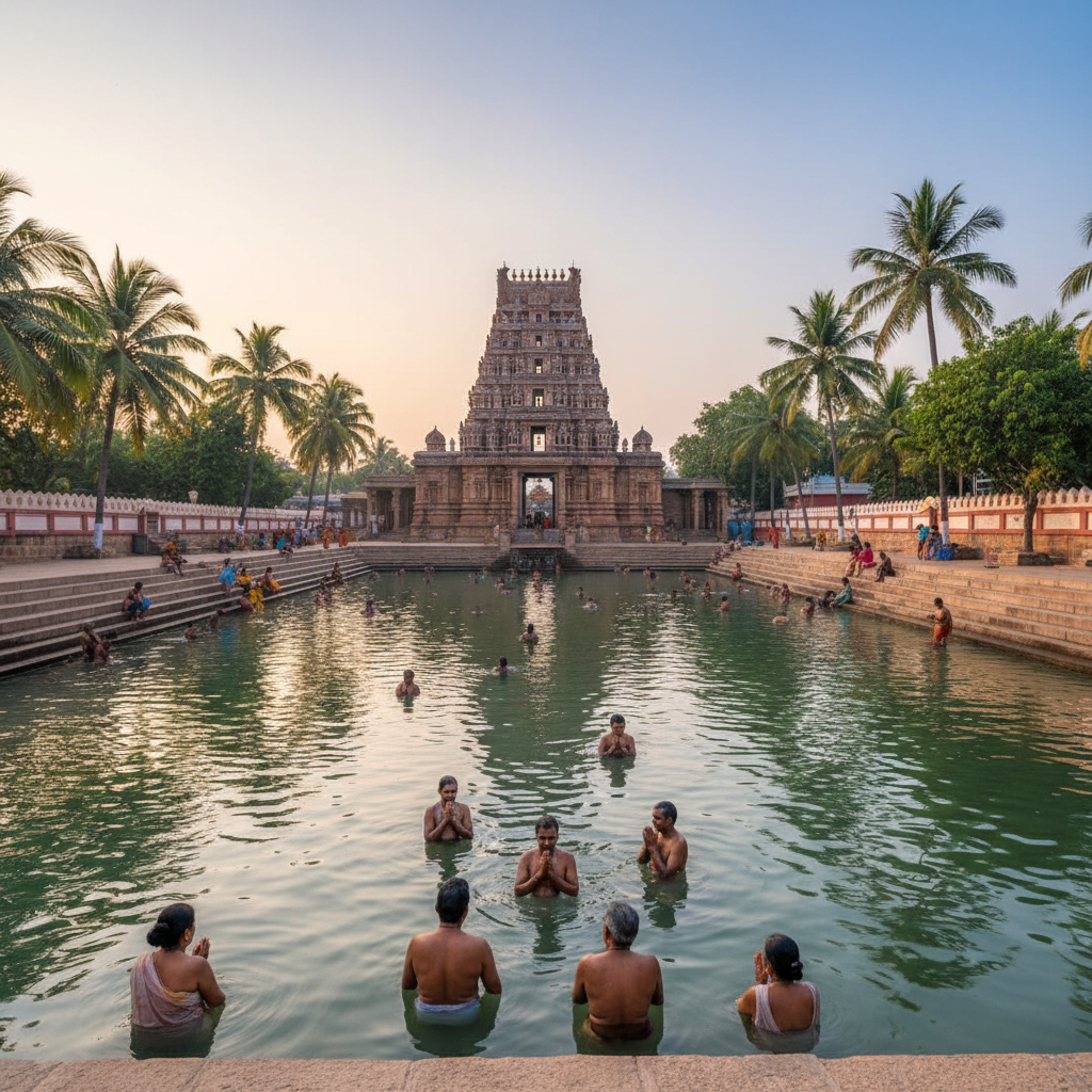 Devotees taking a holy dip in the sacred Nala Theertham tank at the Thirunallar temple.