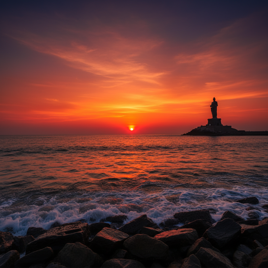 A stunning sunset view at Kanyakumari, the southernmost tip of India, with the Thiruvalluvar Statue and Vivekananda Rock.