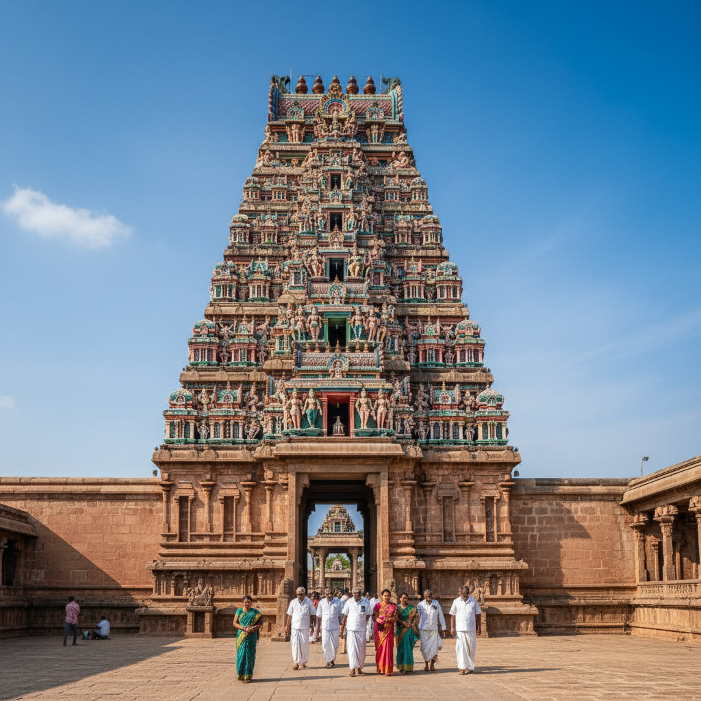 The majestic gopuram of Adi Kumbeswarar temple during a 1 day Kumbakonam local temple tour.