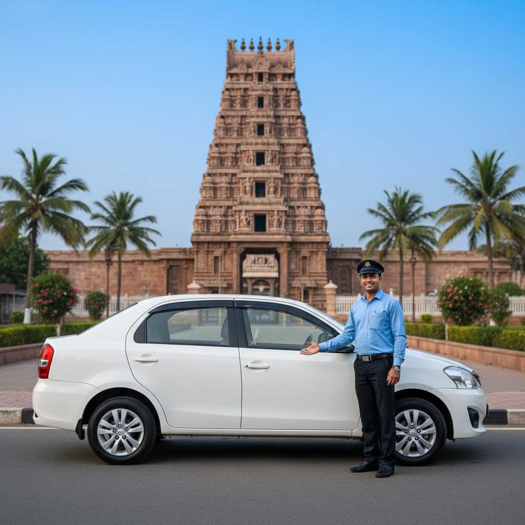 A comfortable sedan car ready for a family temple tour in Kumbakonam.