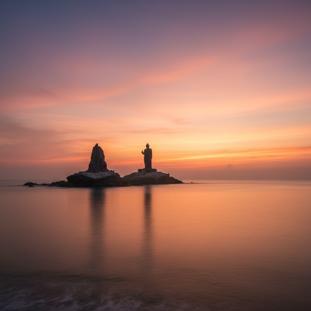 Vivekananda Rock Memorial at sunrise during a South India temple tour.