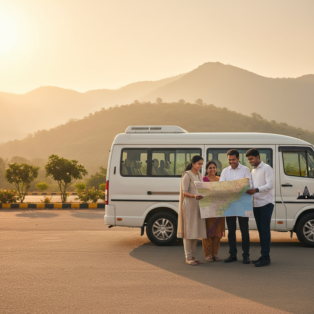 A family starting their pilgrimage tour from Tirupati from Chennai, looking at a map.