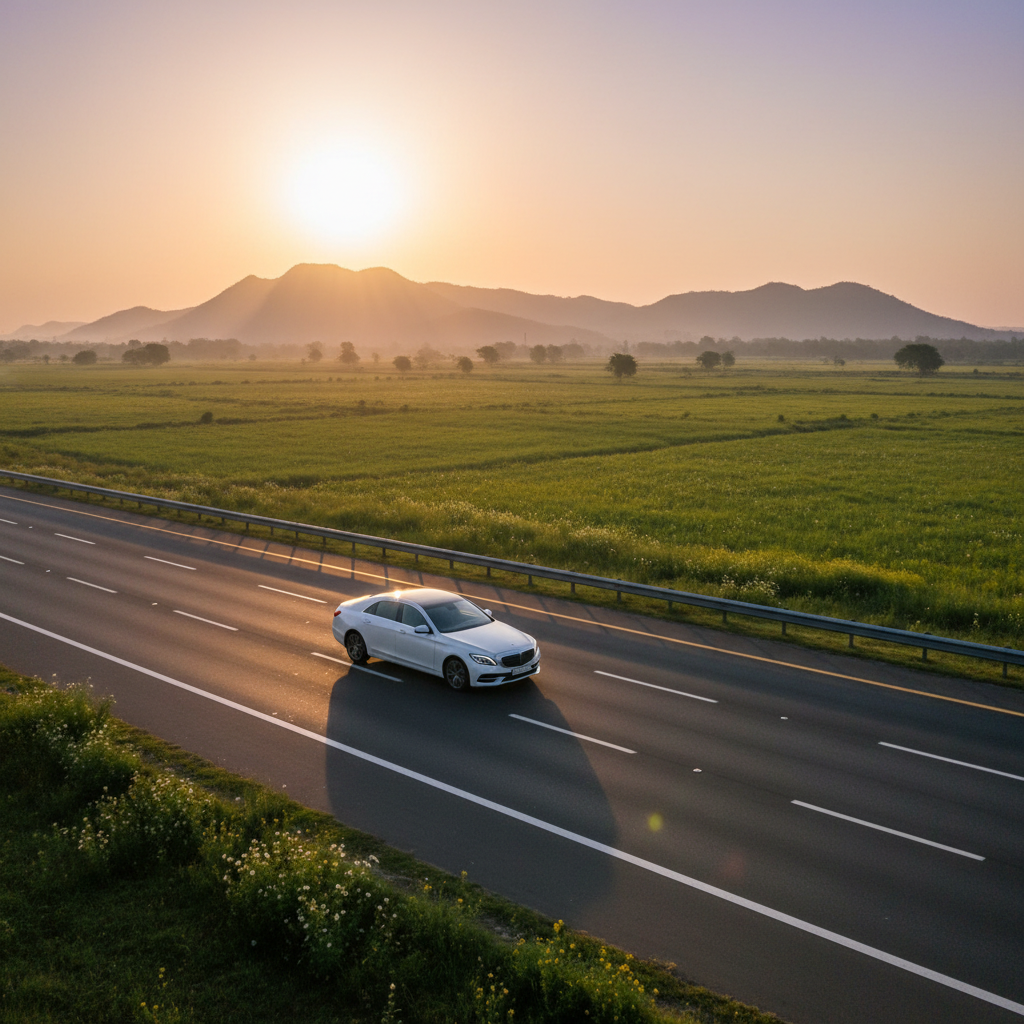 A comfortable sedan on the highway during a one day Tirupati trip from Chennai by car.