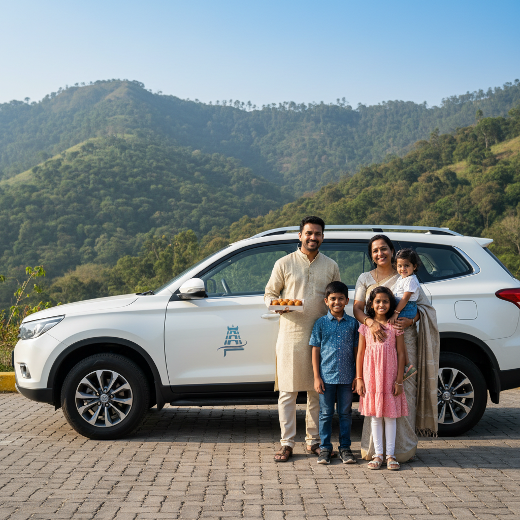 A family happy with their Chennai to Tirumala car rental service from Temple Tours & Travels.