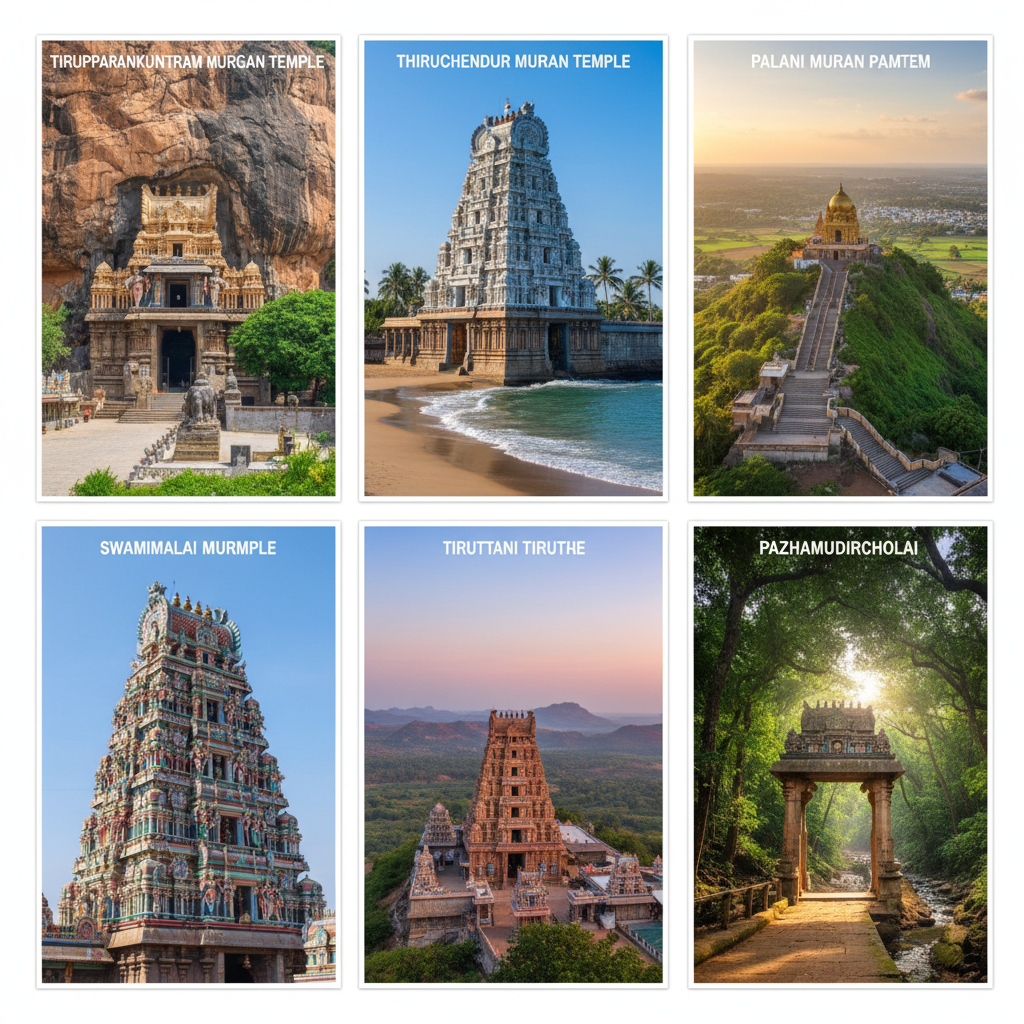 A collage of the six Arupadai Veedu temples for a Lord Murugan tour from Chennai.