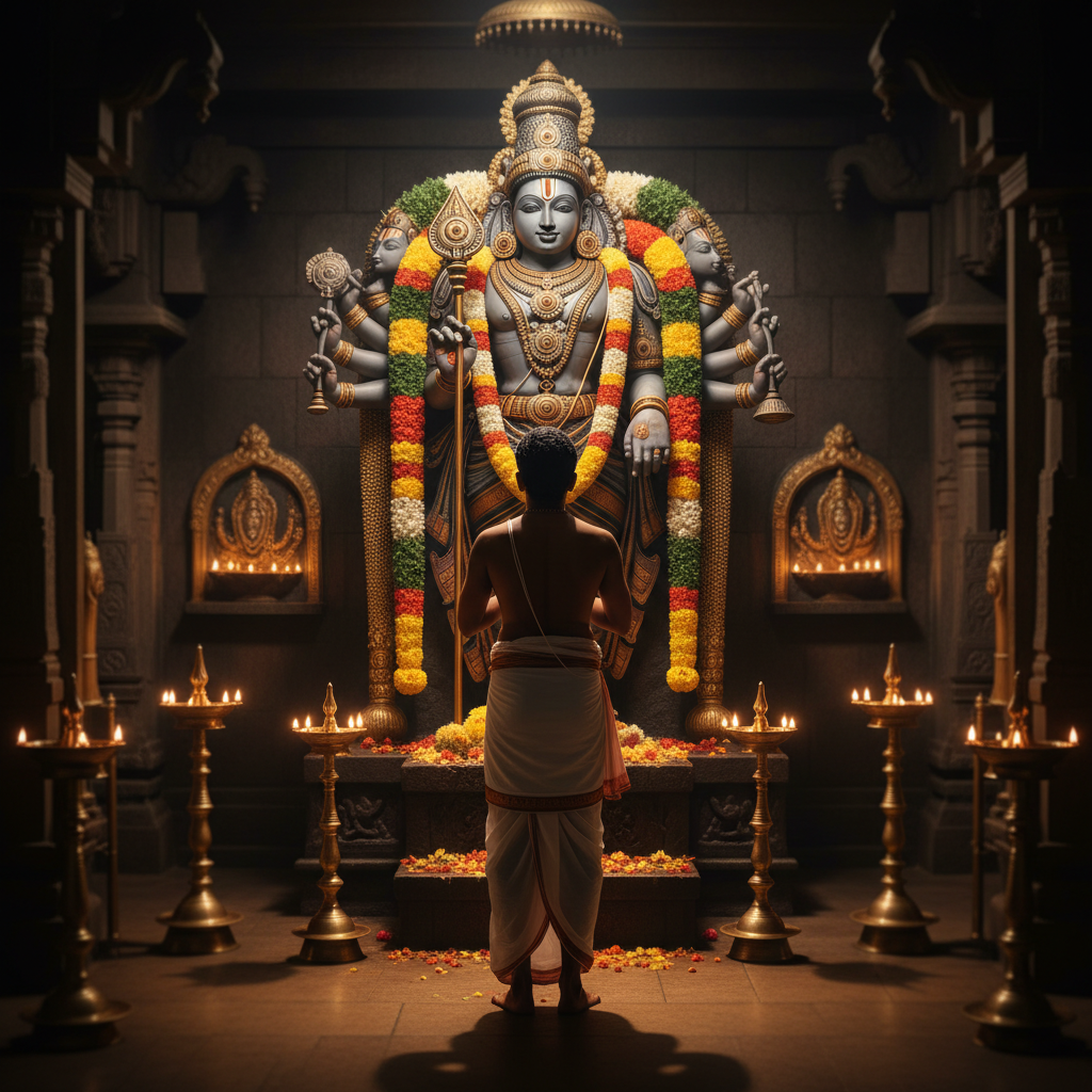 A devotee praying peacefully inside a Lord Murugan temple during a tour.