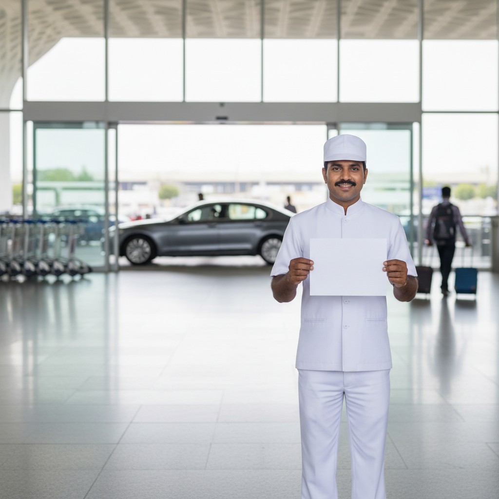 A professional chauffeur for a Chennai with driver service waiting at the airport.
