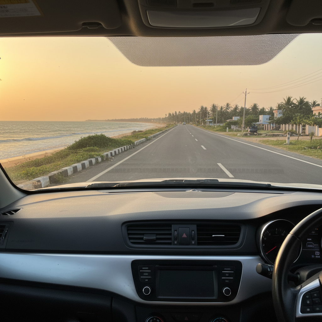 A scenic view of the East Coast Road from inside a car, heading towards Pondicherry.