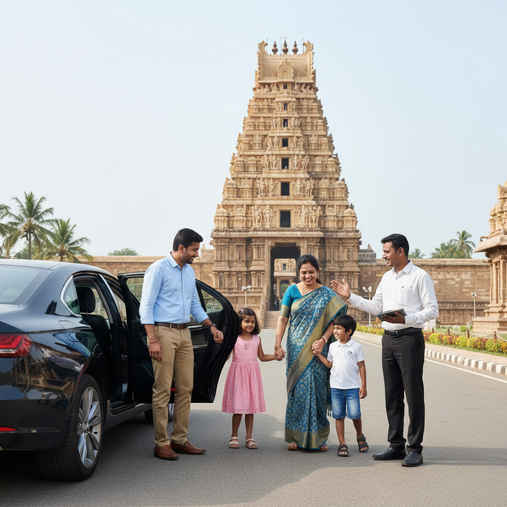 A family enjoying a temple tour in Tamil Nadu with their private driver.