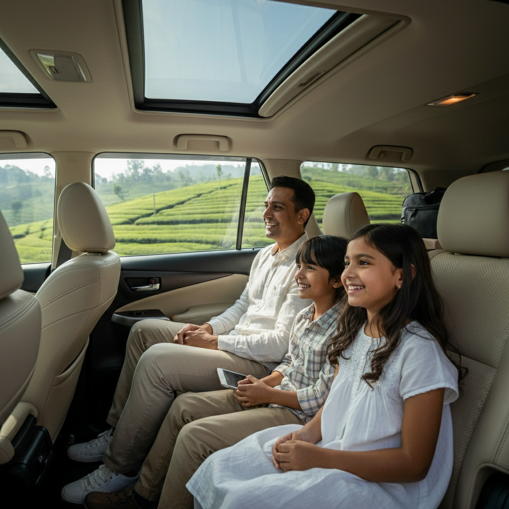 A happy family enjoying a comfortable ride in an SUV through the tea gardens of Tamil Nadu.