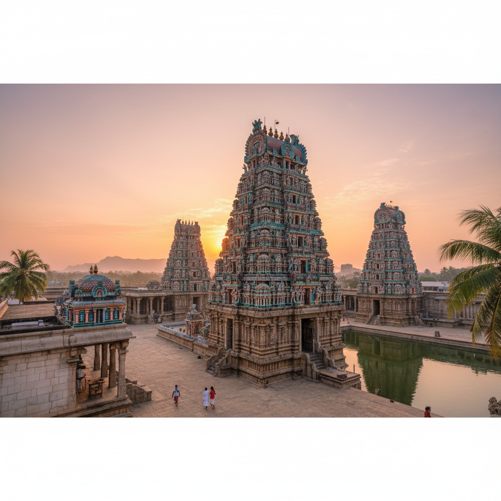 The towering gopuram of a historic temple in Tamil Nadu, showcasing intricate Dravidian architecture.