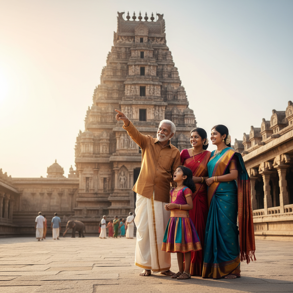 A family enjoying a spiritual journey on a Tamil Nadu temple tour, looking at a temple guide.