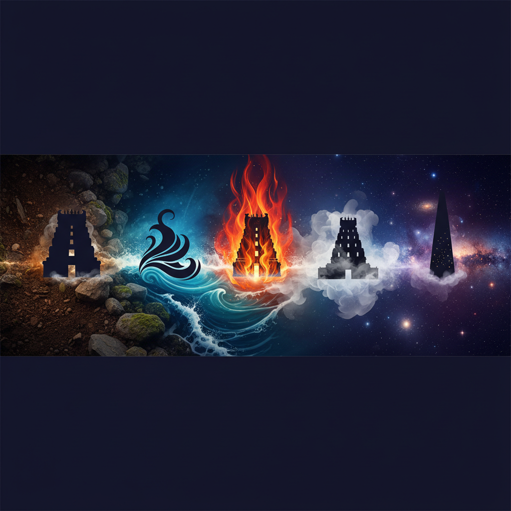 A vibrant collage of the five elements and temples on a Pancha Bhoota Sthalam pilgrimage tour.