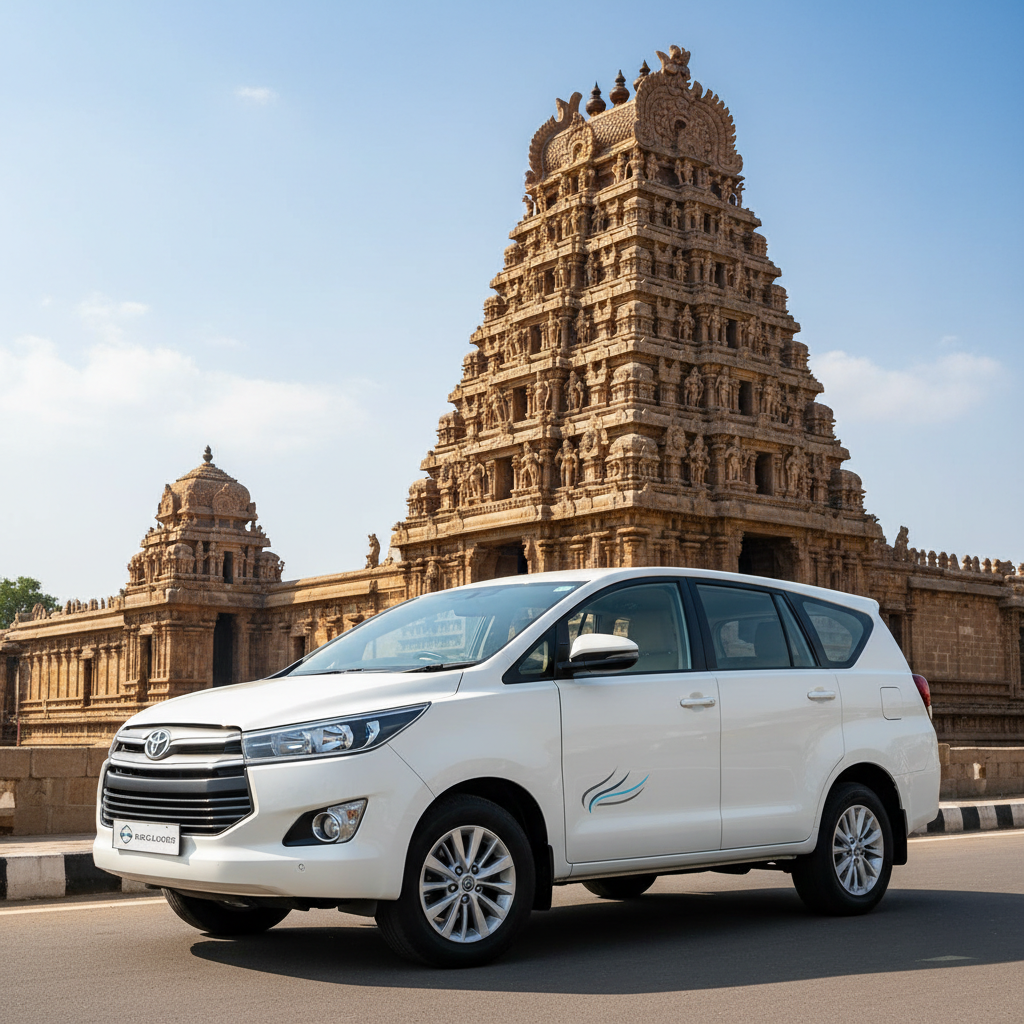 A comfortable outstation taxi parked before the grand gopuram of a South Indian temple.