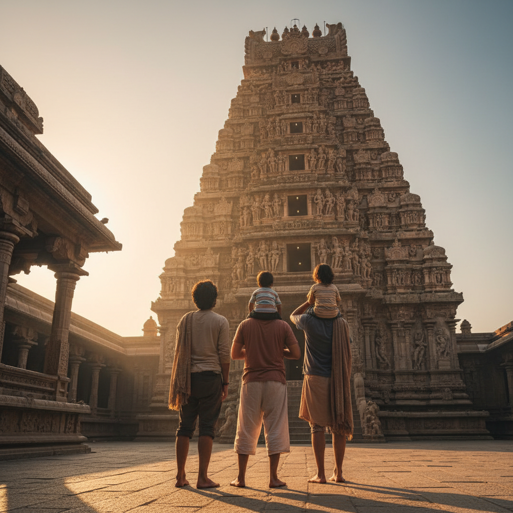 Pilgrims looking in awe at a temple tower during their guided tour of 5 elements temples.