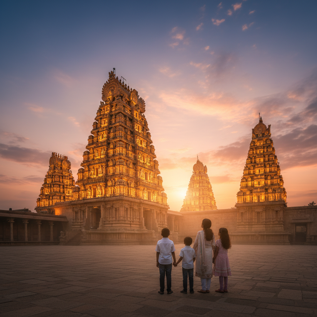 A family looking at the Arunachaleswarar temple, a key stop in Pancha Bhoota Sthalam temple tours near me.