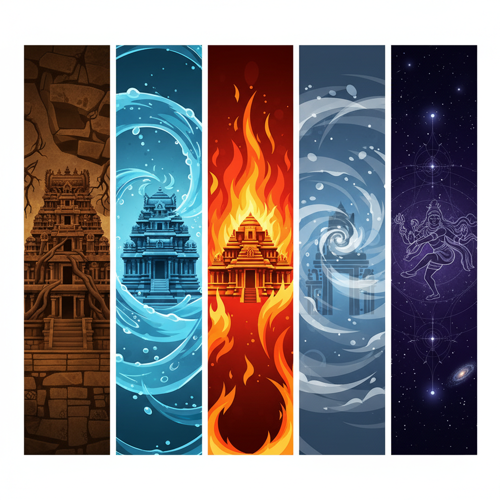 A collage of the five Pancha Bhoota Sthalam temples representing earth, water, fire, air, and ether.