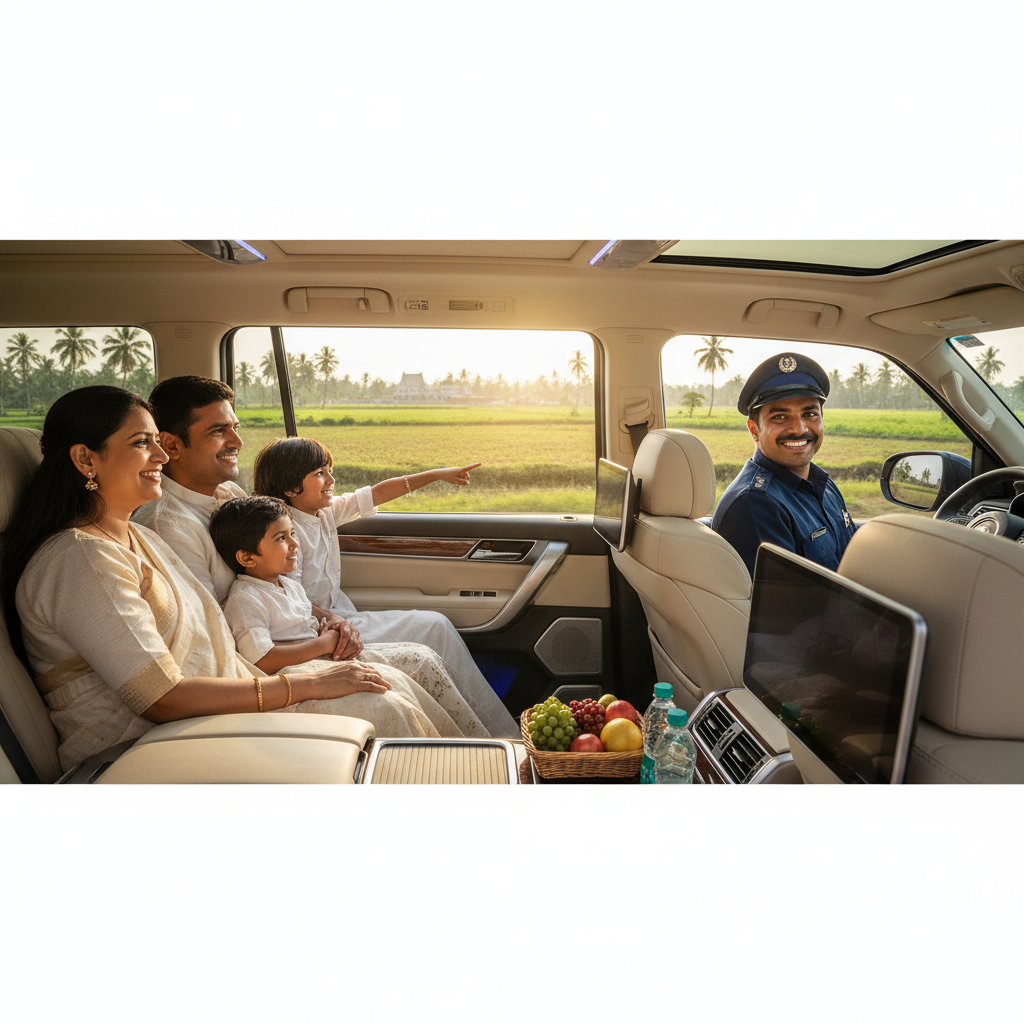 A family happily traveling in a comfortable car for their Murugan temple tour.