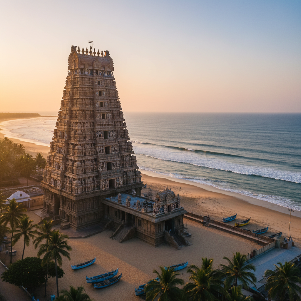 The majestic gopuram of the Thiruchendur Murugan temple against the sea.