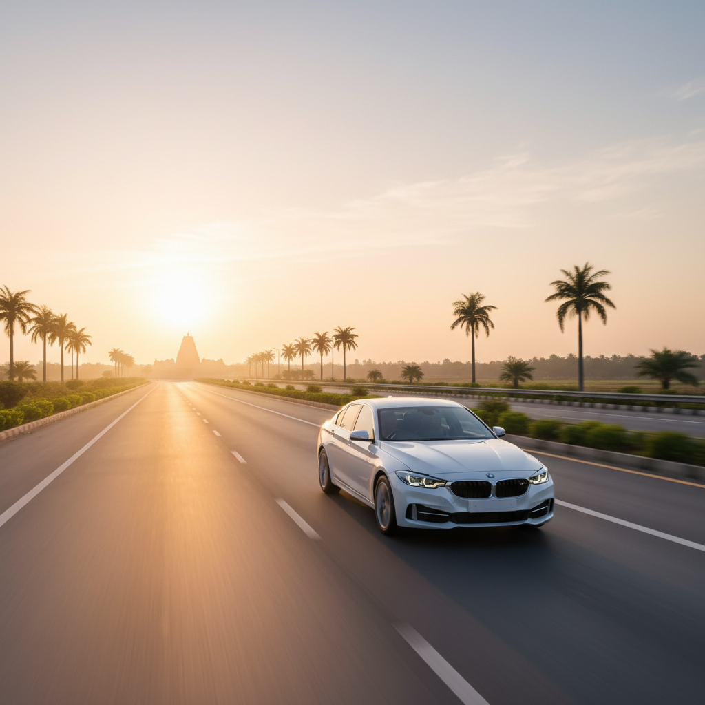 A comfortable sedan on the highway during a one day trip from Chennai to Thiruthani temple.