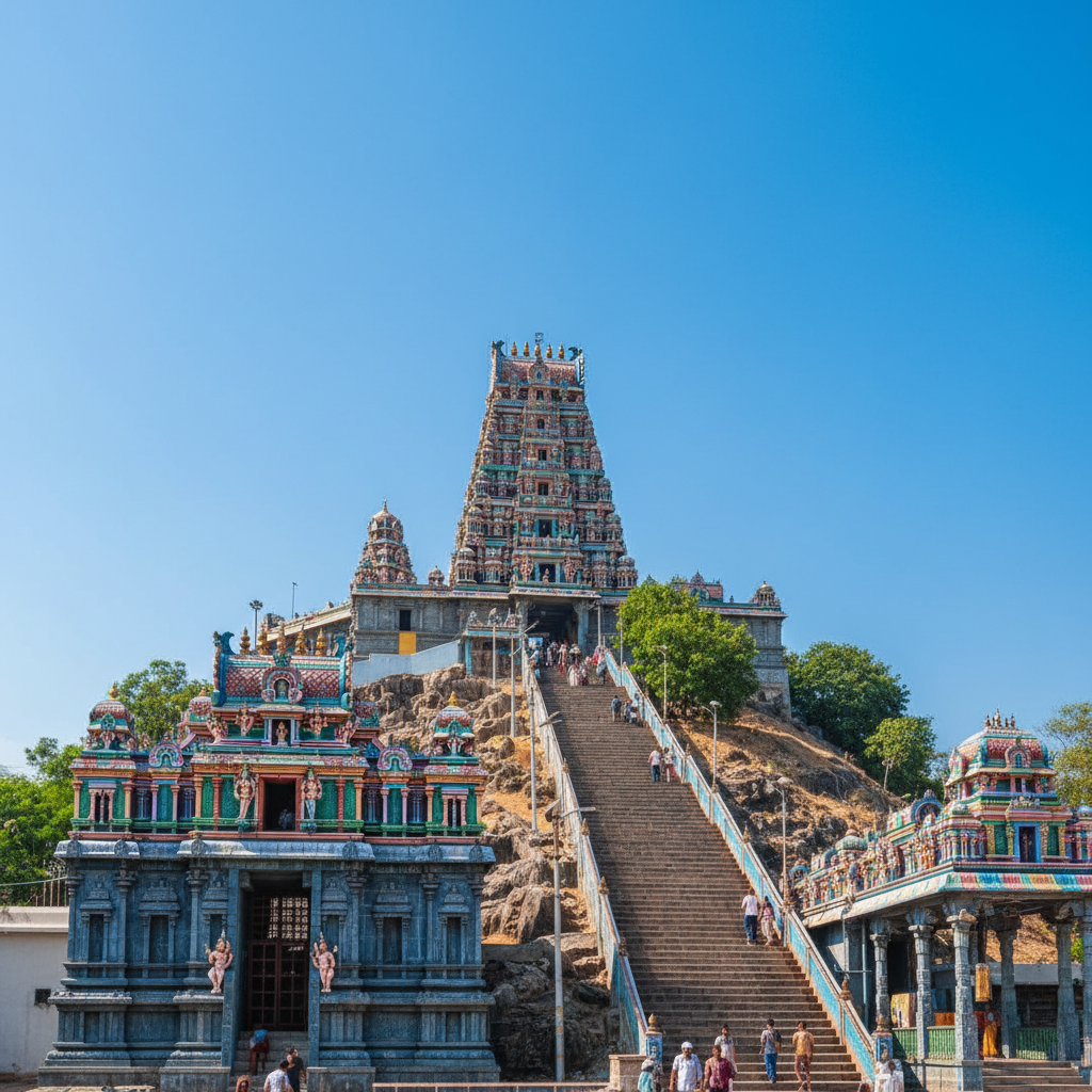The majestic view of the Thiruthani Murugan Temple atop the hill.