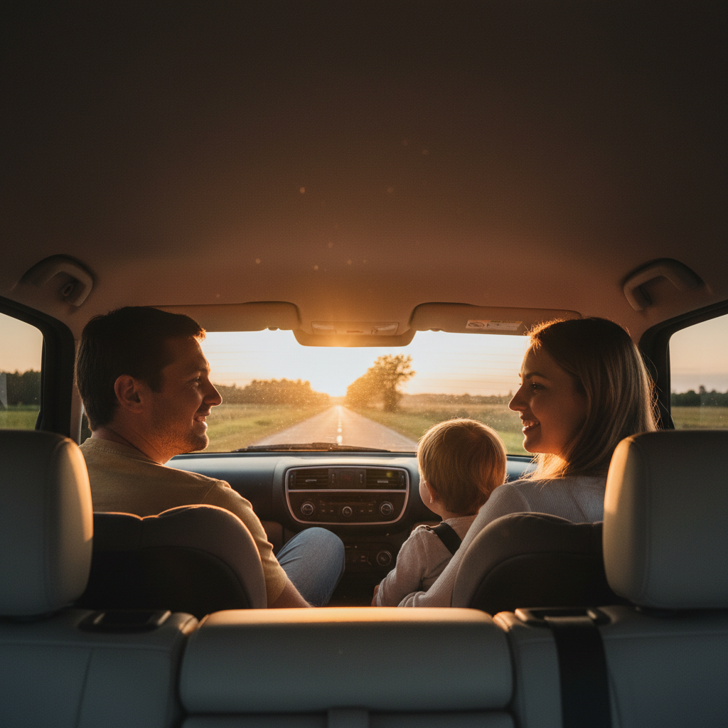 A happy family enjoying their comfortable car ride back to Chennai after a temple visit.
