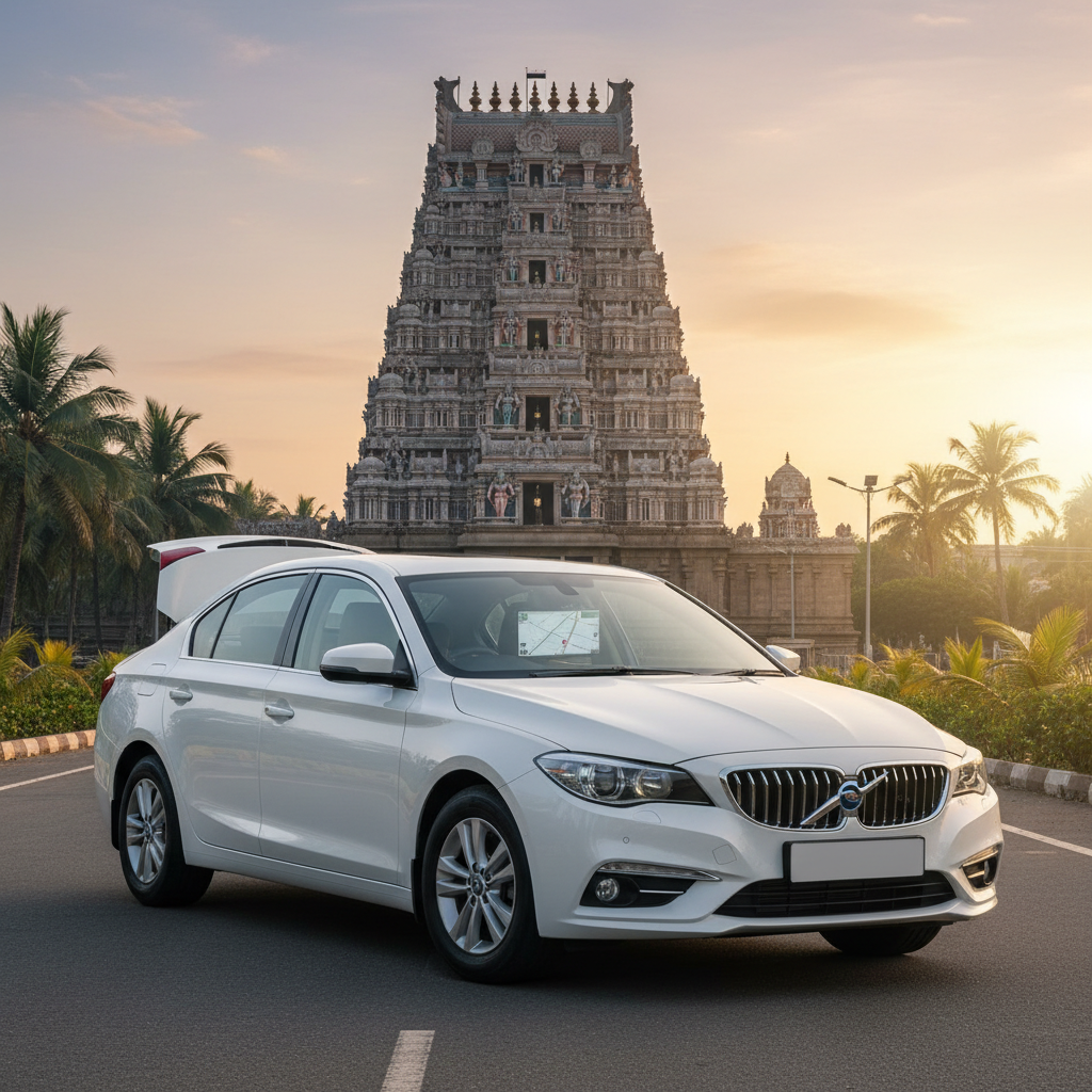 A comfortable sedan car ready for a Chennai to Pancha Bhoota Sthalam car rental tour with a temple gopuram in the background.