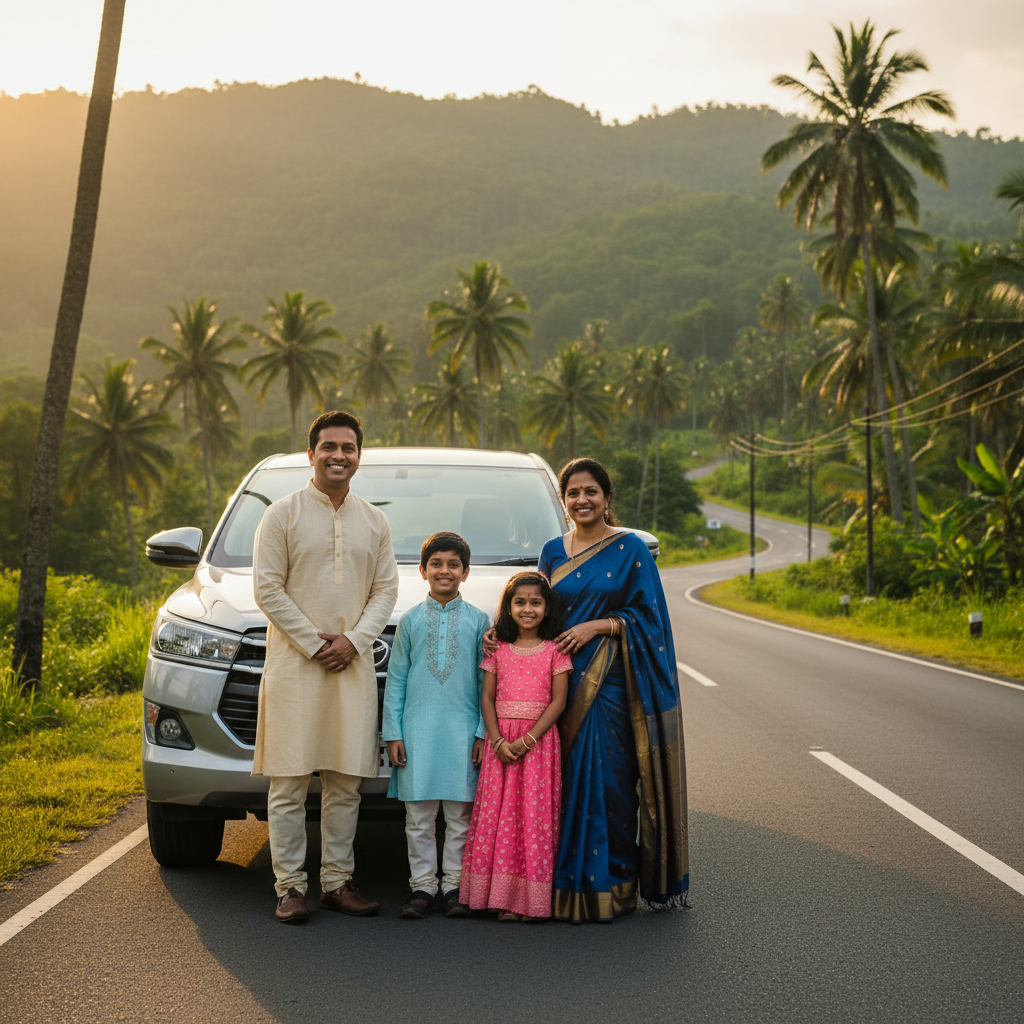 A family happily standing next to their hired Innova Crysta during their temple tour from Chennai.