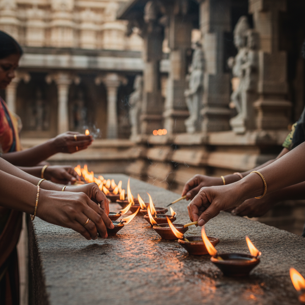 Devotees lighting sesame oil lamps at Saneeswarar Temple Karaikal during a tour.