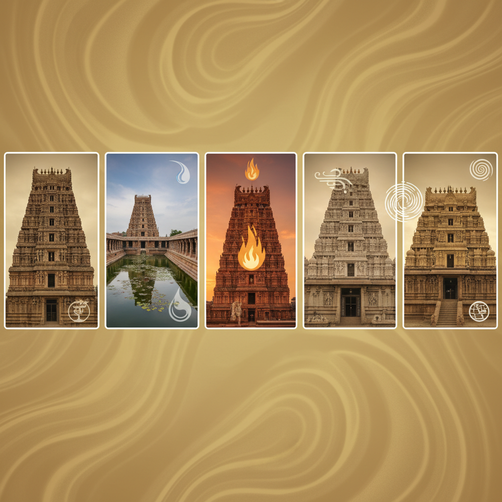 A collage of the five Pancha Bhoota Sthalam temples representing the five elements, offered by a travel agency in Chennai.