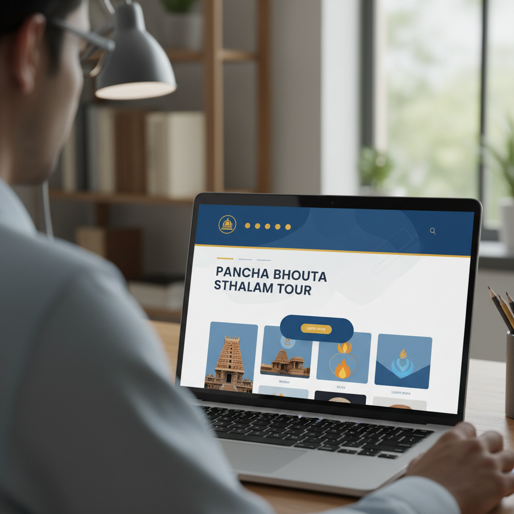 A detailed view of the booking process on a laptop screen to book a Pancha Bhoota Sthalam tour online.