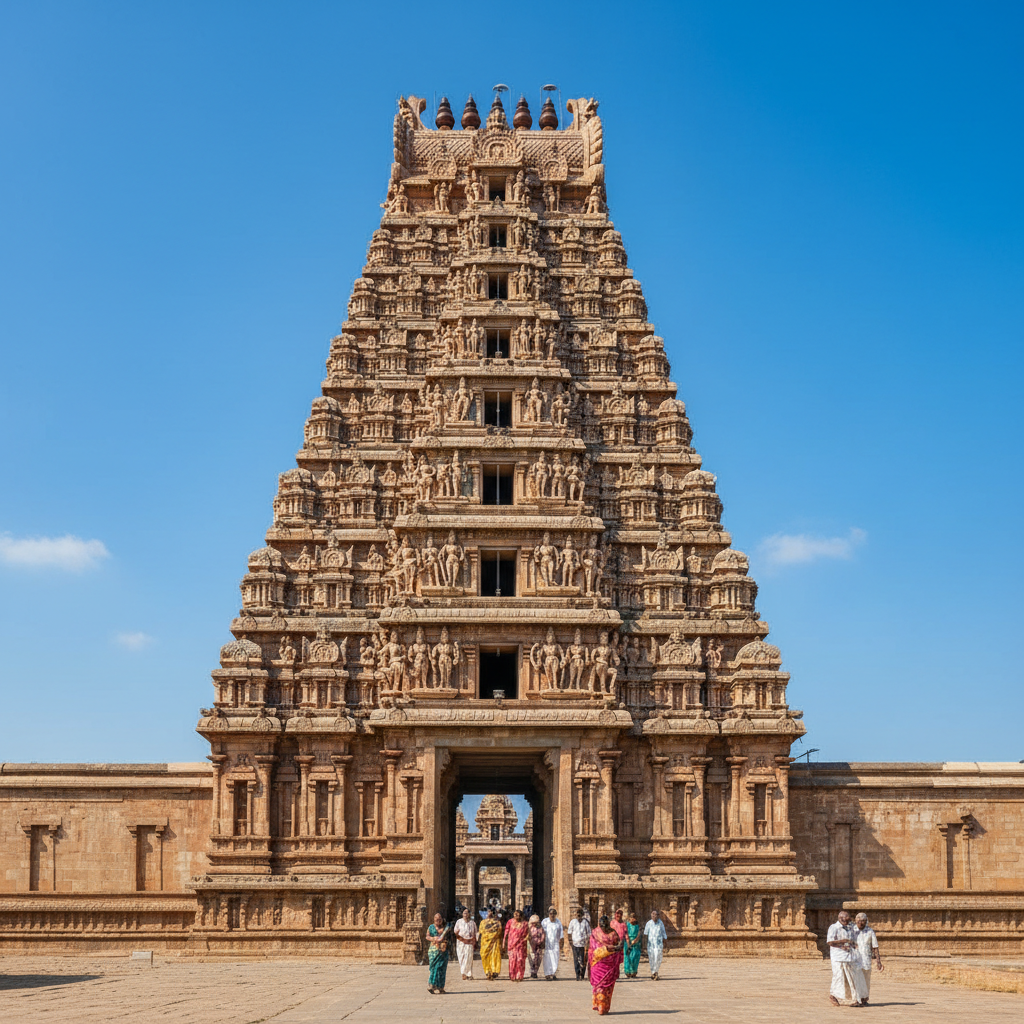 The magnificent gopuram of Ekambareswarar Temple in Kanchipuram.